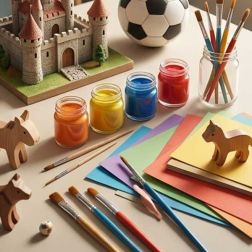 Bastelmaterialien wie Farben, Pinsel, Papier und Spielzeug auf dem Tisch, kreative Angebote im Hort zur Förderung von Fantasie, Motorik und gestalterischen Fähigkeiten.