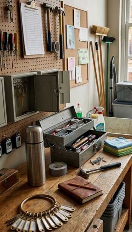 Werkbank eines Hausmeisters mit Werkzeugkoffer, Schlüsselkasten, Reinigungsmitteln und Arbeitsgeräten in einem gut organisierten Arbeitsraum der Schule.