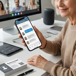 Erwachsene Person nutzt Smartphone für digitale Kommunikation, im Hintergrund Videokonferenz, moderner Kontakt zwischen Eltern und Hort, schnelle Erreichbarkeit und Austausch.