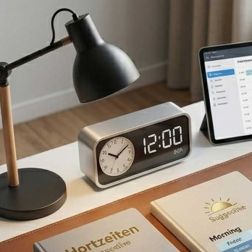 Moderner Arbeitsplatz mit Uhr, Tablet und Unterlagen zu Hortzeiten – strukturierte Organisation der Nachmittagsbetreuung und transparente Zeitplanung für Eltern und Schule.