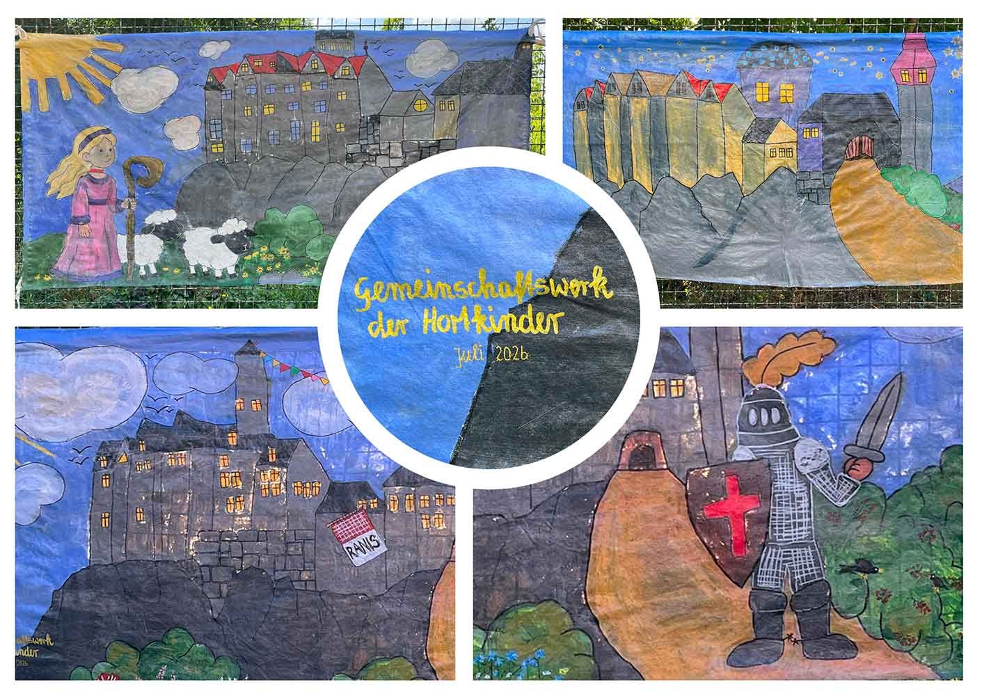 Gemeinschaftswerk der Hortkinder: Burg Ranis als Kunstprojekt der Sommerferien 2026. Darstellungen der Burg Ranis mit Rittern, Burgfräulein, Türmen und mittelalterlichen Szenen. Im Mittelpunkt der Collage steht der Schriftzug „Gemeinschaftswerk der Hortki