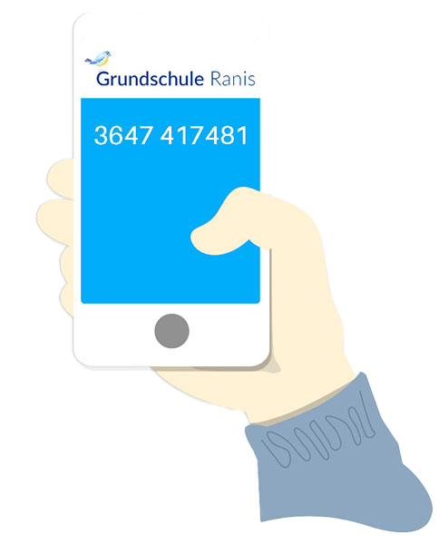 Smartphone mit angezeigter Telefonnummer der Grundschule Ranis, Hände tippen auf Display zum Anrufen