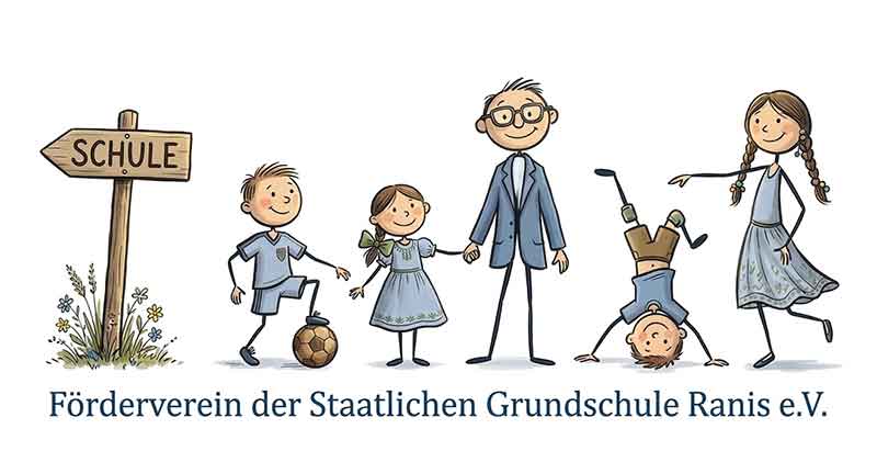Illustration des Fördervereins der Staatlichen Grundschule Ranis e.V. mit fröhlichen Comic-Figuren, einem Schul-Wegweiser und spielenden Kindern auf weißem Hintergrund.