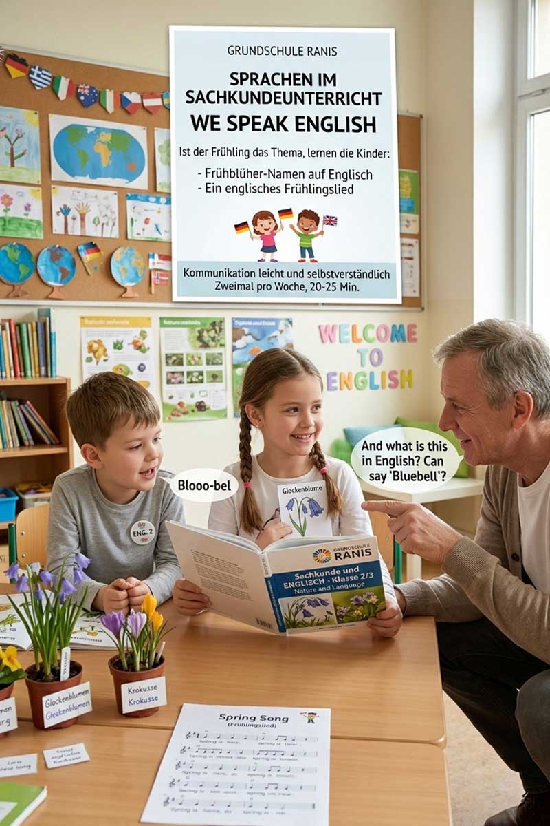 Grundschule Ranis: Englischlernen im Sachkundeunterricht, Kinder üben spielerisch Frühlingsbegriffe mit Lehrer anhand von Pflanzen und Bildkarten im Klassenraum