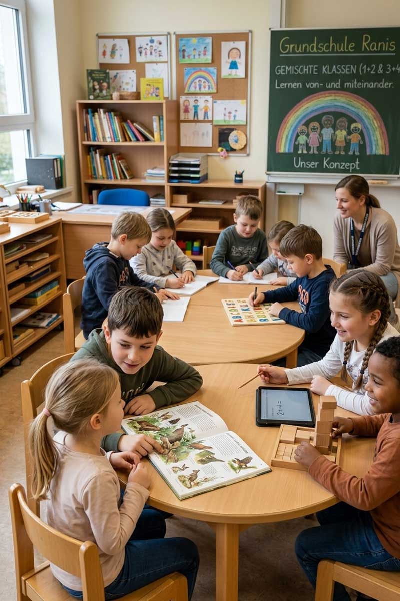 Kinder lernen gemeinsam in einer gemischten Klasse der Grundschule Ranis an Gruppentischen mit Lehrerin im hellen Klassenraum