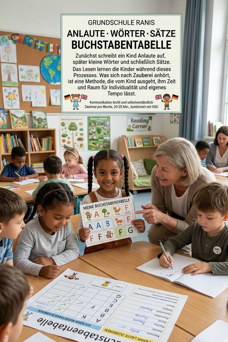 Grundschule Ranis: Kinder lernen lesen und schreiben mit Buchstabentabelle, arbeiten selbstständig an Lauten, Wörtern und Sätzen im Unterricht mit Lehrerin