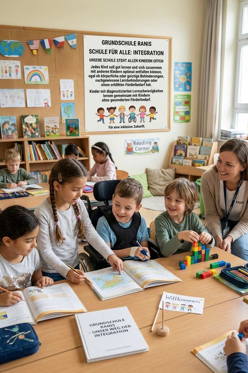 Grundschule Ranis: Gemeinsames Lernen in einer inklusiven Klasse mit Kindern unterschiedlicher Bedürfnisse, unterstützt durch Lehrerin im modernen Klassenraum