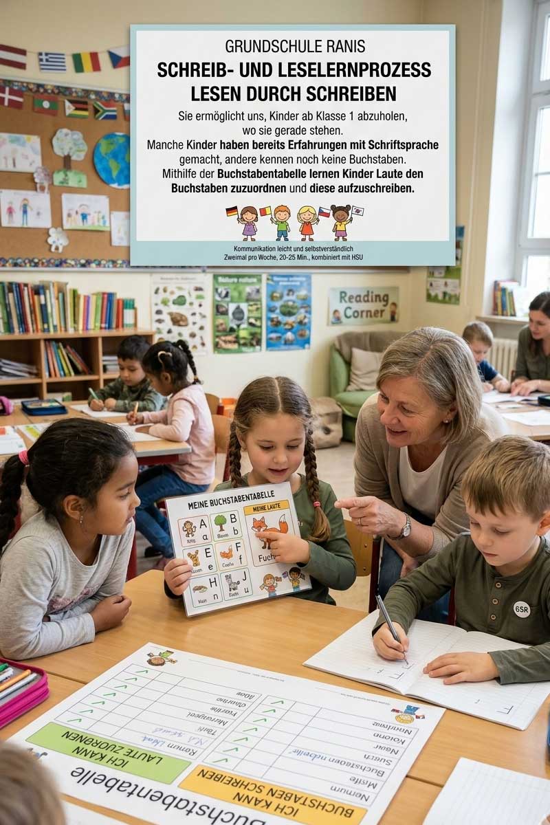 Grundschule Ranis: Kinder lernen lesen und schreiben nach dem Prinzip „Lesen durch Schreiben“ mit Buchstabentabelle und Unterstützung der Lehrerin im Klassenraum