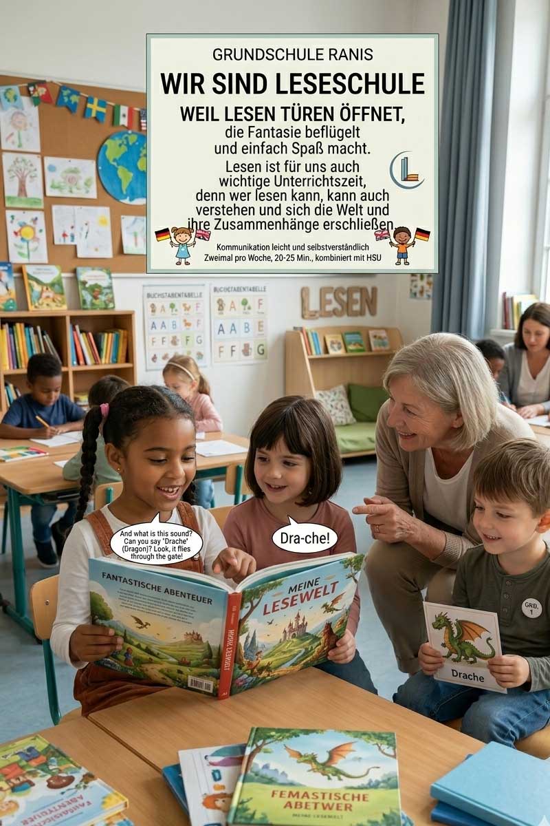 Grundschule Ranis Leseschule: Kinder lesen gemeinsam Bücher im Unterricht und fördern ihre Lesekompetenz mit Unterstützung der Lehrerin im Klassenraum