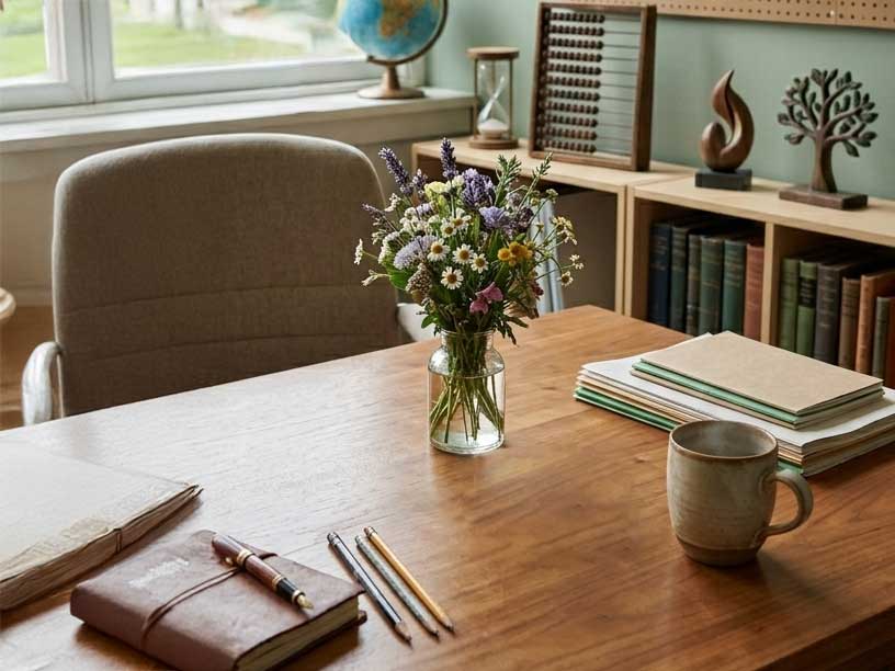 Beratungsraum der Schule mit Schreibtisch, Blumen, Büchern und Lernmaterialien – ruhige Umgebung für Gespräche und individuelle Beratung.