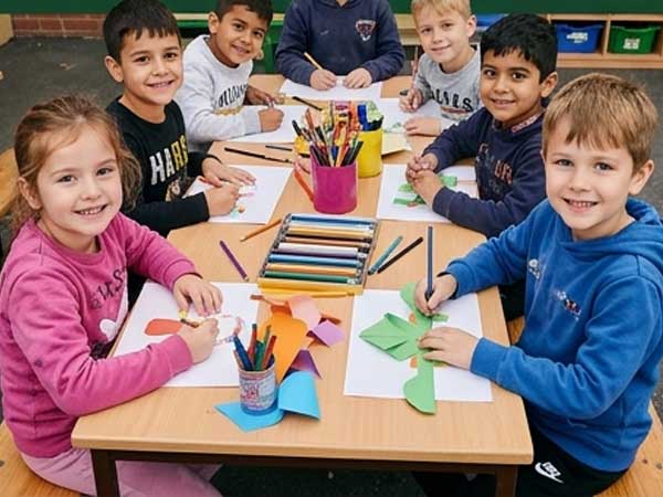 Kinder der Grundschule Ranis sitzen gemeinsam an einem Tisch im Hort und basteln mit Papier, Schere und Buntstiften, kreative Gruppenarbeit in freundlicher Lernumgebung der Grundschule Ranis.